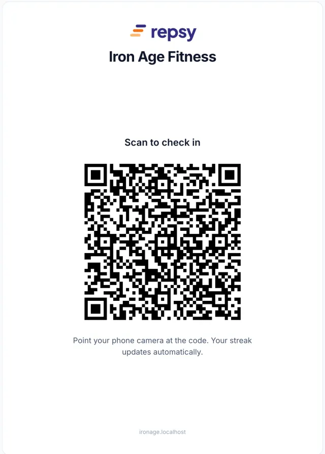 Printable entrance QR poster that members scan with their phone camera to check in