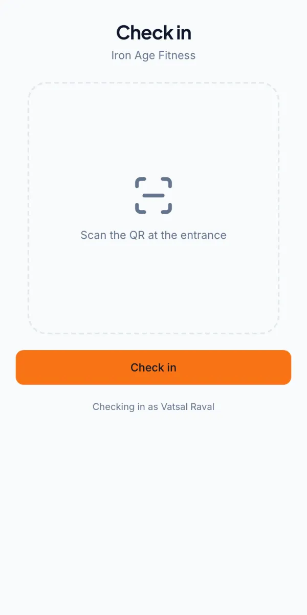 Member app check-in screen for scanning the QR code at the gym entrance